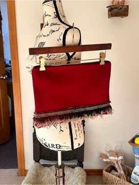 Red Fringe & Wool Zip Pouch Clutch